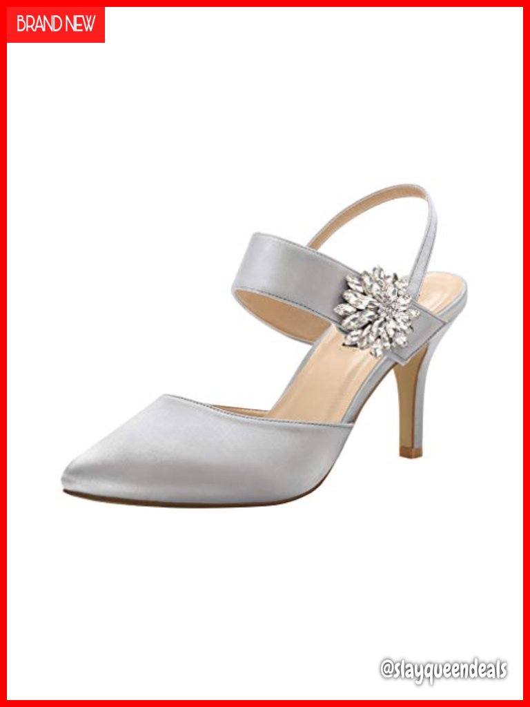 Mid Heel Pointed Toe Slingback Rhinestone Brooch Satin Dress Pumps Wedding Shoes